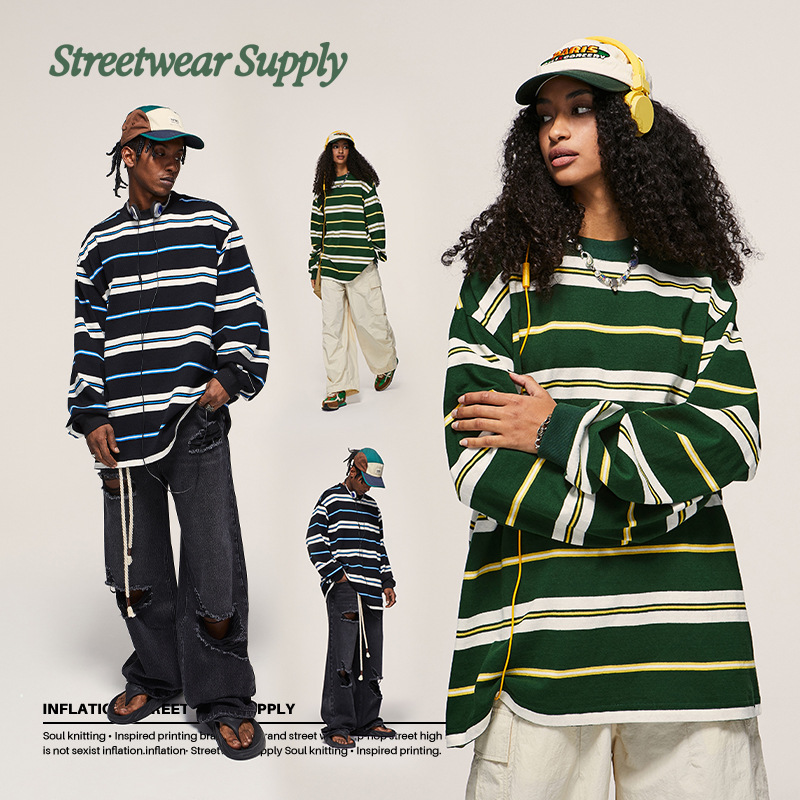 Contrasting stripes round neck long sleeve T-shirt 2404S23