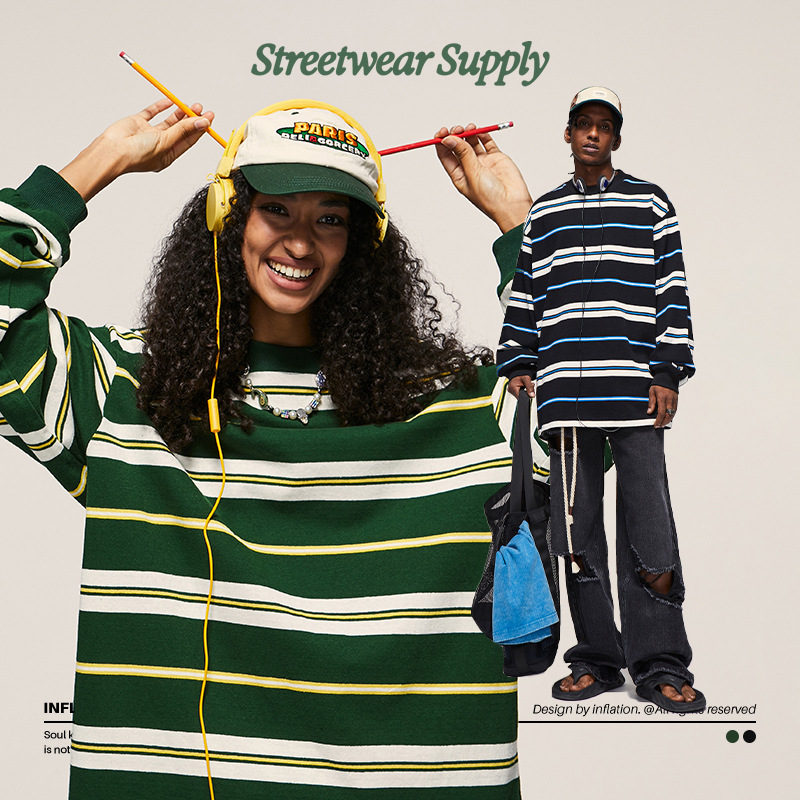 Contrasting stripes round neck long sleeve T-shirt 2404S23