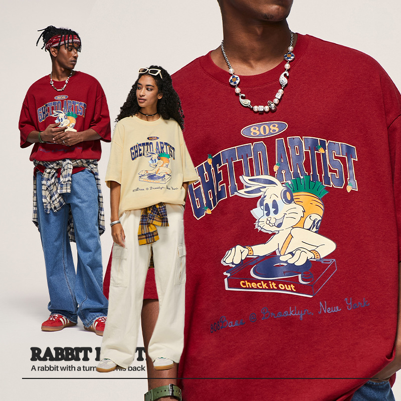 Hip-hop DJ rabbit print letter T-shirt 2428S23