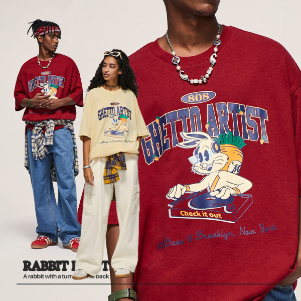 Hip-hop DJ rabbit print letter T-shirt 2428S23