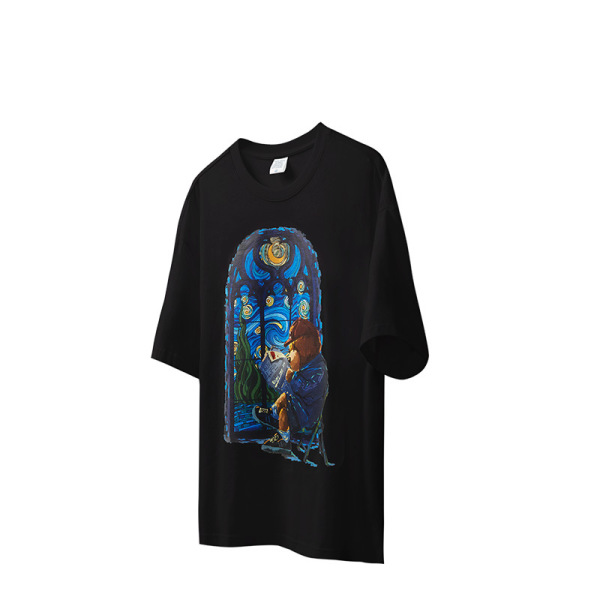 Starry sky oil painting bear print T-shirt 2466S23