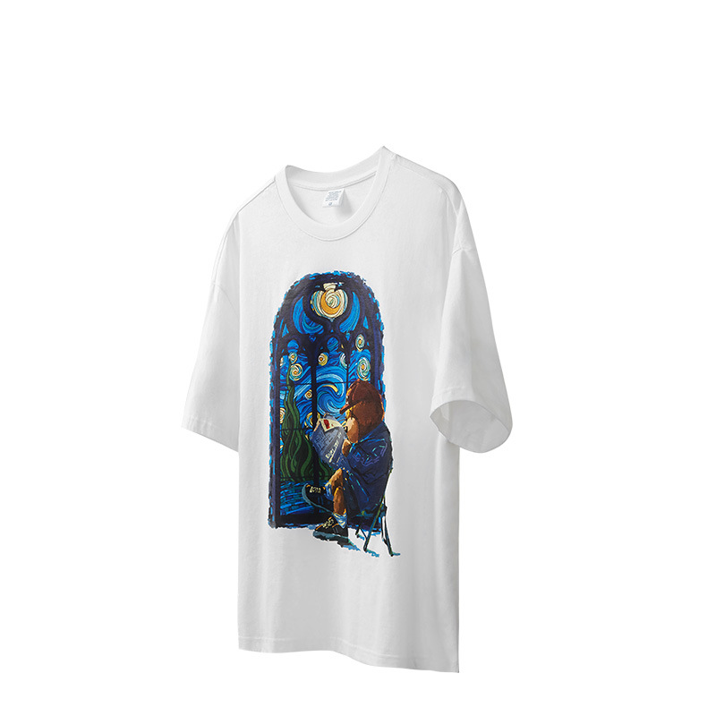 Starry sky oil painting bear print T-shirt 2466S23