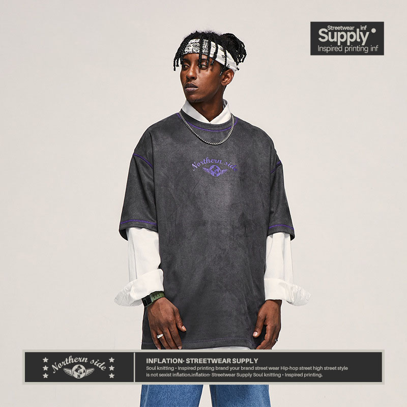 Street Globe Wings Print Suede T-Shirt 2472S23