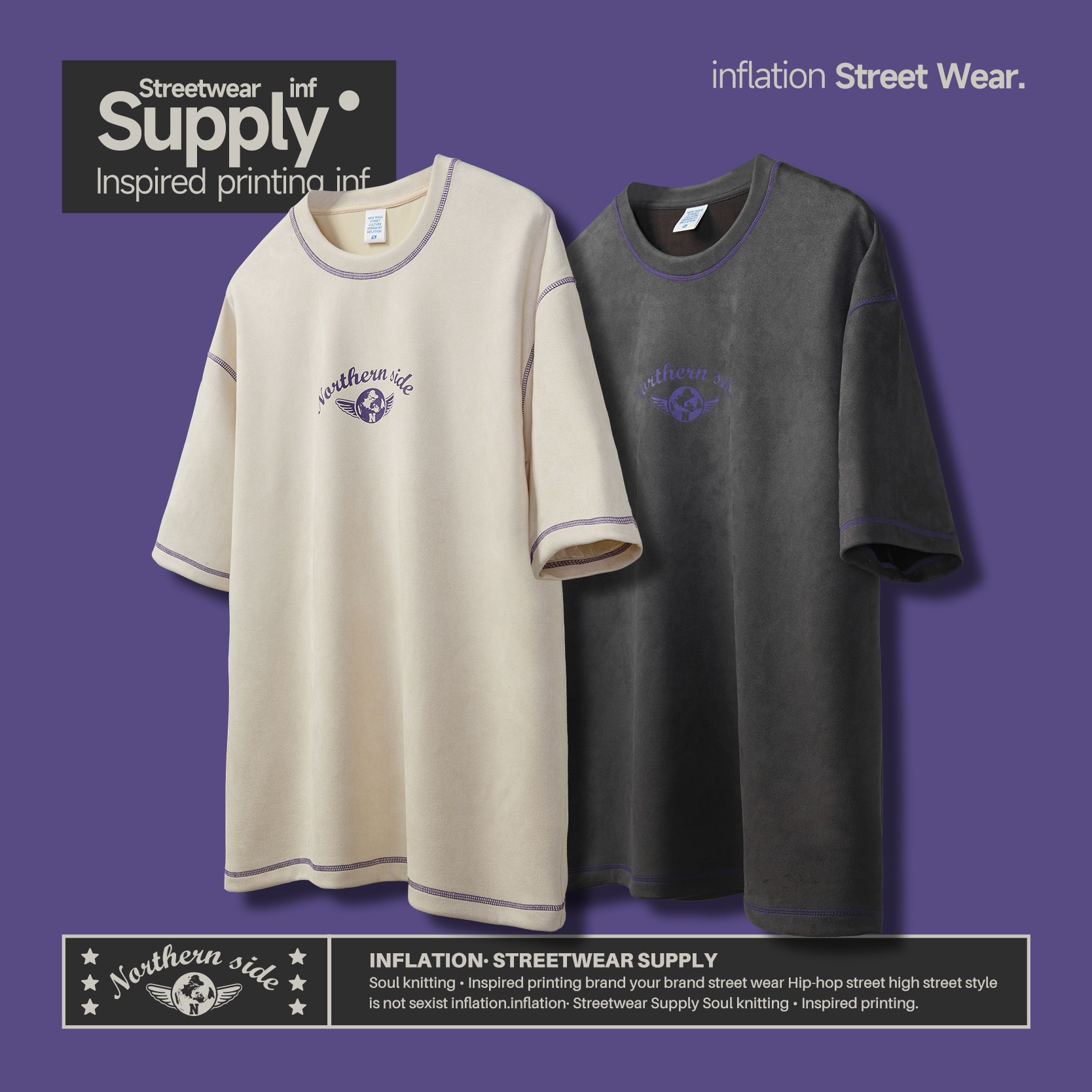 Street Globe Wings Print Suede T-Shirt 2472S23